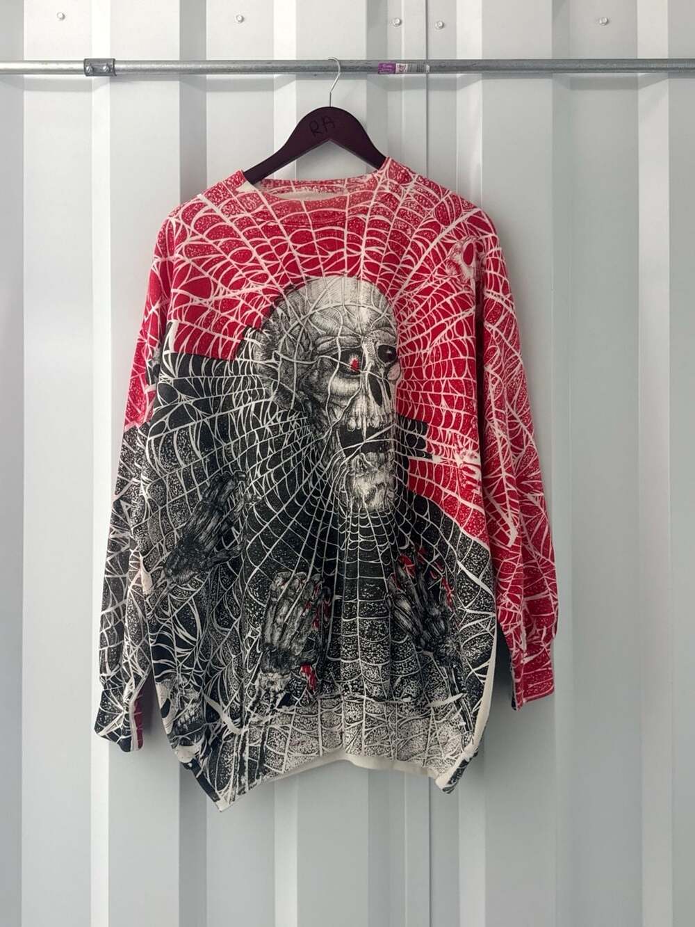 Vintage 90s Spiderweb Skull All Over Print Sweatshirt XL AOP Horror Cotton Armor